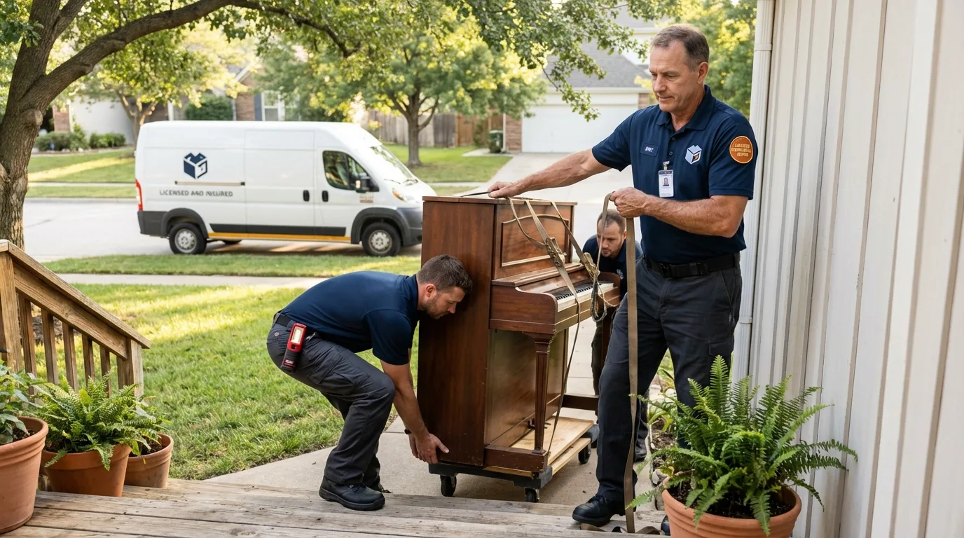 Licensed piano movers securing grand piano in Swampscott, MA