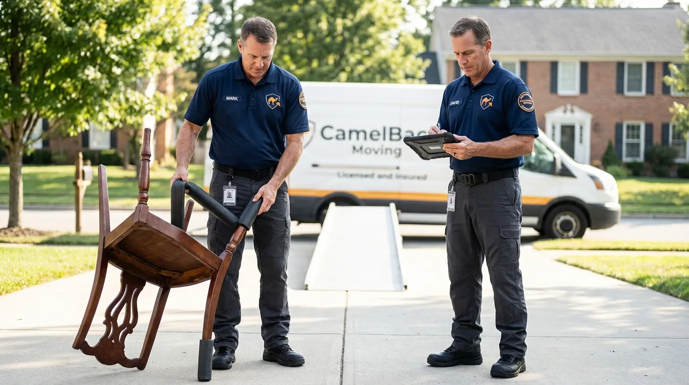 Movers inspecting furniture for damage prevention before loading in Swampscott, MA