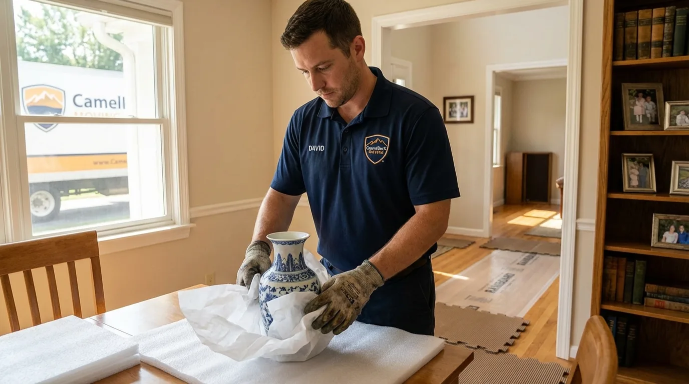 Professional crew carefully wrapping antique vase for senior downsizing move in Swampscott, MA