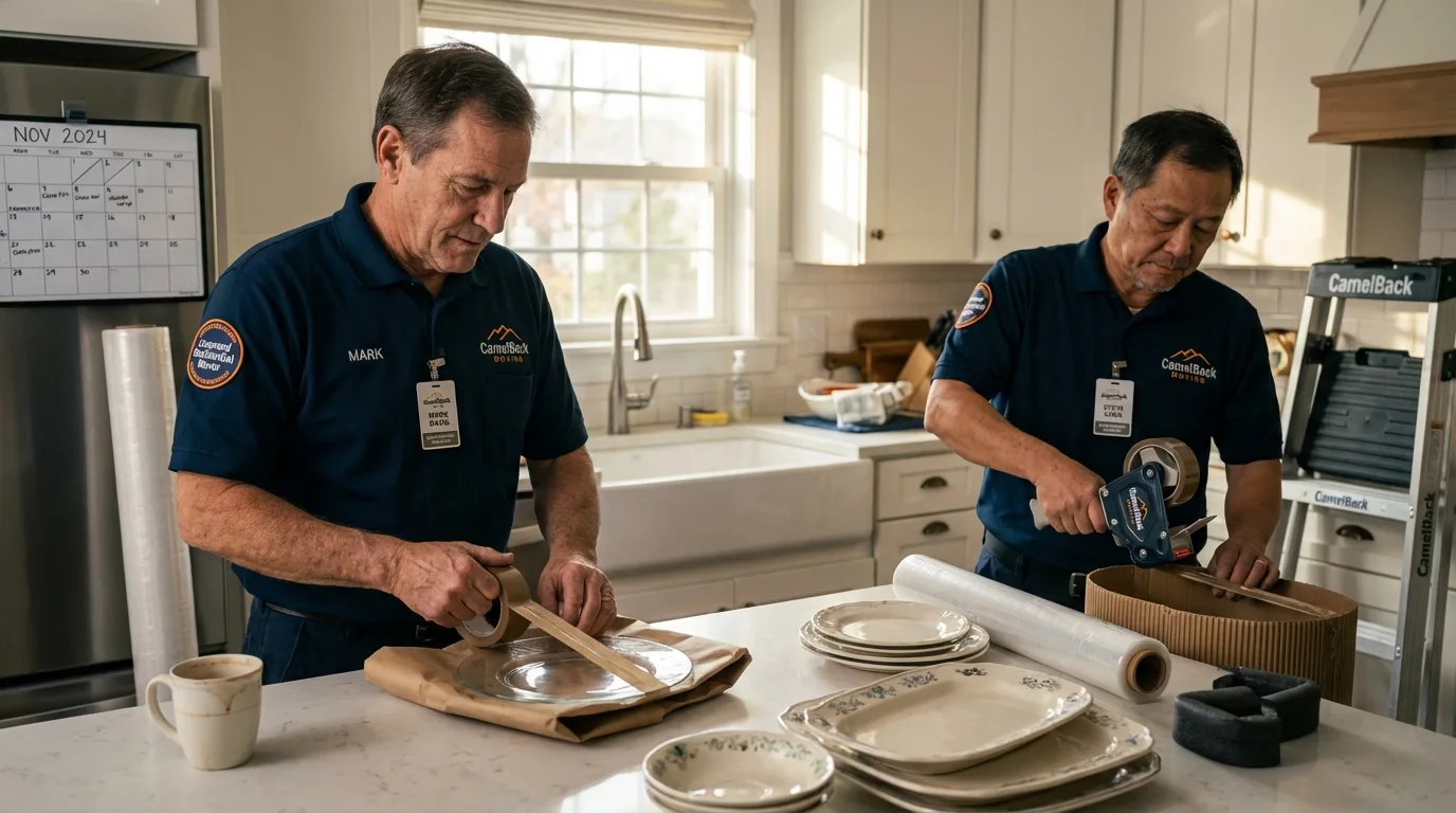 Professional crew packing kitchen dishware in Swampscott, MA